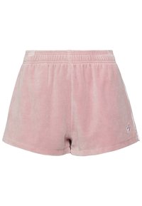 Pantalones cortos de terciopelo rosa con cintura elástica y franjas laterales. Textura suave con un acabado ligeramente descolorido. Presenta un pequeño logo en el lateral.