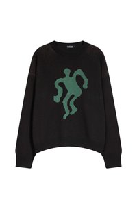 Pulover negru tricotat cu o croială lejeră, având un grafic abstract cu o dansatoare verde. Manșete și tiv din material rib elastic, detalii de cusătură texturată.