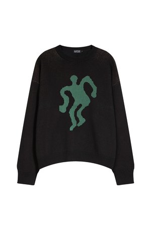 Suéter de punto negro con un ajuste relajado, que presenta un gráfico abstracto de bailarín en verde. Puños y dobladillo acanalados, con detalles de puntada texturizada.