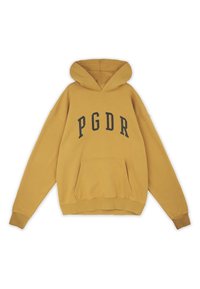 Senfgelber Kapuzenpullover mit schwarzer Aufschrift "PGDR". Er verfügt über eine Fronttasche sowie gerippte Bündchen und Saum für eine lässige Passform.