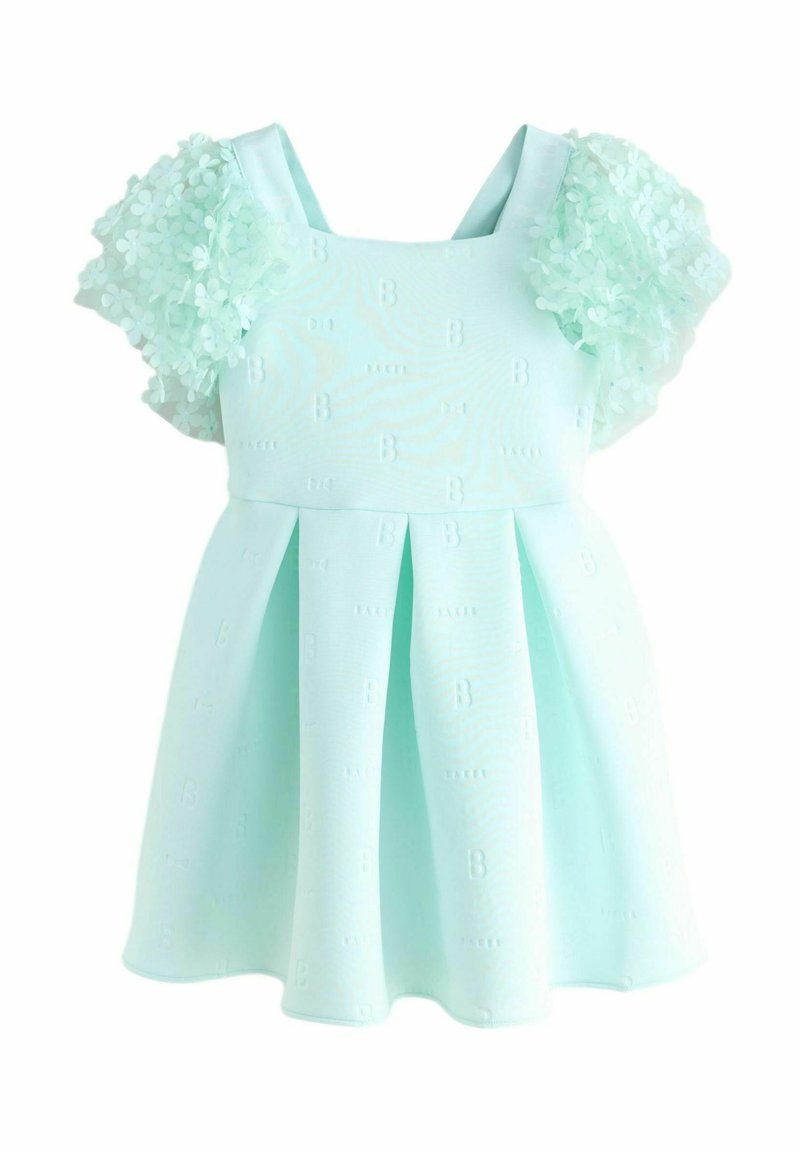Mintgrünes Kleid mit floral strukturierten Ärmeln, plissiertem Rock und einem glatten Stoff mit dezenten geprägten Mustern.