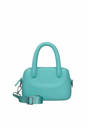 Piccola borsa turchese con manici arrotondati e tracolla regolabile e removibile su sfondo bianco.