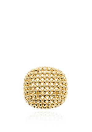 Gold ring with a dome shape composed of multiple small, polished gold spheres arranged in a grid pattern.