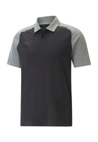 Polo con un design metà nero e metà grigio. Realizzato in tessuto morbido, con colletto, tre bottoni e un logo discreto sul petto.