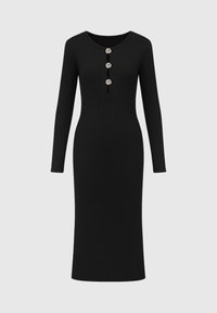 Robes noires à rayures côtelées à manches longues avec un design ajusté, comportant trois boutons décoratifs au niveau du col et une longueur de jupe jusqu'au genou.