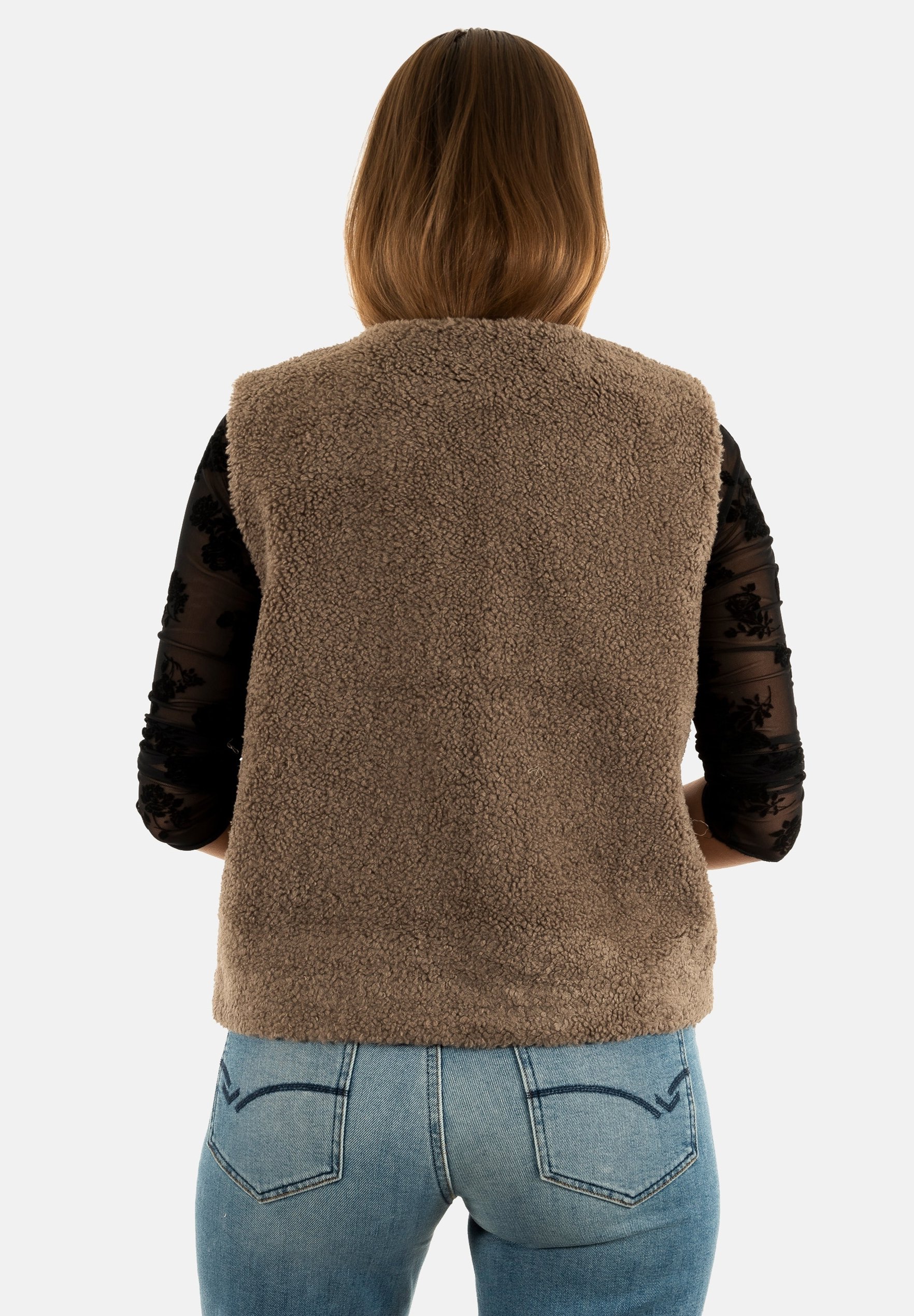 Gilet Sans Manches SVANY Effet Suédine Doublé Sherpa - Style Bohème Folk, Surpiqûres Apparentes