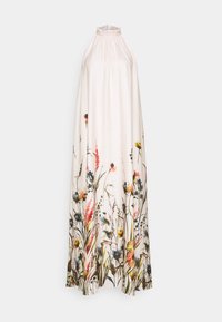 Largo vestido sin mangas de color crema con cuello alto con volantes y estampado de flores silvestres de colores en el dobladillo sobre un fondo liso.