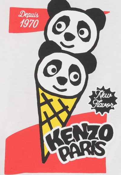 Tissu blanc présentant un graphisme avec deux visages de panda empilés en noir et blanc sur un cornet de glace jaune. Inclut "KENZO PARIS" et des accents rouges.