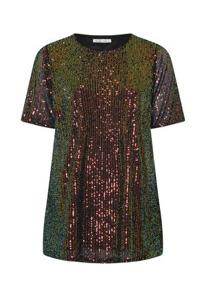 Top nero a maniche corte ricoperto di paillettes multicolori, creando una superficie scintillante e testurizzata con scollatura rotonda e vestibilità comoda.