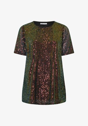 Kort-elfsleeve zwart top bedekt met meerkleurige pailletten, die een glinsterend, textuur oppervlak creëren met een ronde hals en een relaxte pasvorm.