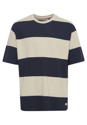 Randig t-shirt i beige och marinblå, gjord av bomull, med rund hals, korta ärmar och en avslappnad passform.