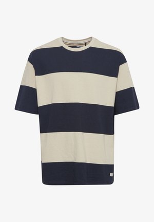 Randig t-shirt i beige och marinblå, gjord av bomull, med rund hals, korta ärmar och en avslappnad passform.