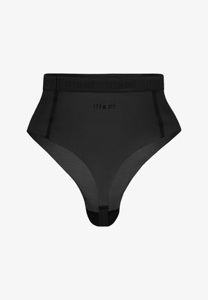 Schwarzes hoch tailliertes Bikiniunterwäsche mit glattem Stoff, breitem elastischen Bund mit Markenname und nahtlosen Rändern für Komfort.