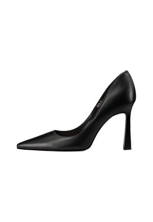 Pump nera in pelle con tacco alto, punta affusolata e silhouette snella. Caratterizzata da un tacco a stiletto affusolato e una texture liscia.