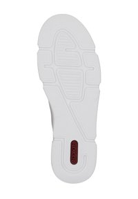 Weiße Gummisohle mit strukturierten Grip-Mustern, versehen mit einem kastanienbraunen Akzent und Logo der Marke. Abgerundete Zehenpartie und flexibles Design.