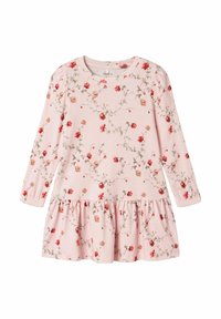 Robe rose à manches longues avec motif floral, taille froncée et jupe à volants. Tissu doux avec un léger brillant, encolure arrondie et poignets élastiques.