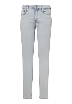 Lichtblauwe jeans van denim, met een slim fit, vijf-pocket ontwerp, contrasterende stiksels en een knoopsluiting bij de taille.