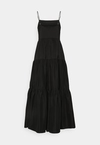 Robe maxi noire à étages avec fines bretelles réglables, en tissu doux. Comprend un corsage ajusté et une partie inférieure volumineuse à volants.