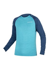 Langarmshirt mit einem hellblauen Körper und dunkelblauen Raglanärmeln. Weiches Material; mit "ENDURA"-Logo in Weiß auf der Brust.