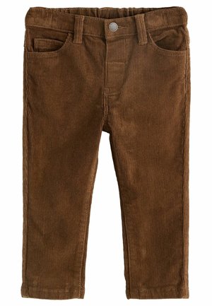 Bruine corduroy peuterbroek met steekzakken aan de voorkant, riemlussen en een metalen knoopsluiting op een witte achtergrond.