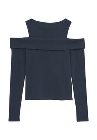 Marineblaue Off-Shoulder Langarmbluse mit gerippter Textur, geradem Schnitt und weitem Halsauschnitt. Minimalistisches Design, keine sichtbaren Muster oder Hardware.