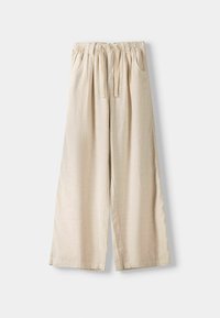 Beige linnen wijde broek met een elastische tailleband, zijzakken en trekkoord detail. Zachte textuur en vloeiend ontwerp.