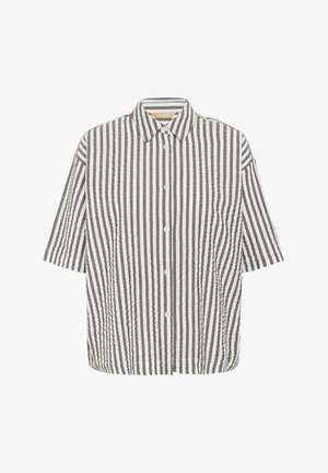 Košulja s kratkim rukavima, u prugastom uzorku crne i bijele boje. Ima klasičan ovratnik i teksturiranu tkaninu.