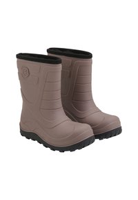 Bruna gummistövlar med texturerad yta, svart fleecefoder och en robust svart sula. Har upphöjda accentlinjer på sidorna.