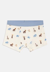 Krémové klučičí boxerky s modrým pasem a potisky slonů, lvů, žiraf, stromů a listů v modrých a hnědých odstínech.