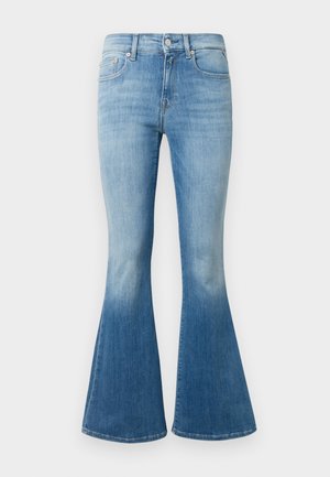 Light blue denim flared jeans featuring a high waist, faded wash, and classic five-pocket design with metal hardware accents.