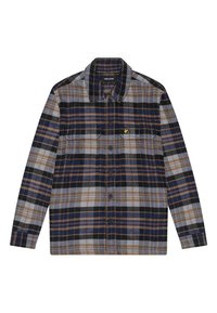 Camisa de franela a cuadros en azul, gris y marrón. Presenta un cierre frontal con botones, cuello con solapa y dos bolsillos en el pecho. Detalle del logo en amarillo.