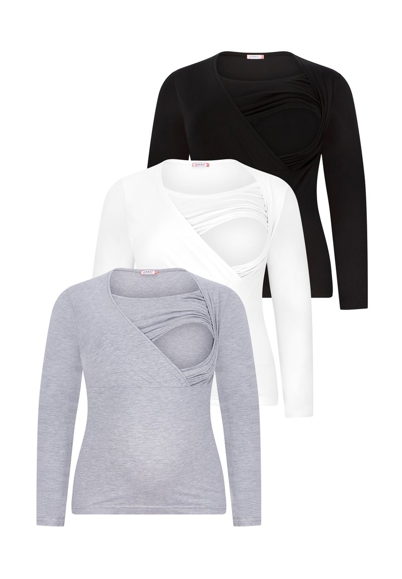Three long-sleeve tops in black, white, and gray, featuring a wrap design and ruched detail at the chest. Soft, stretchable fabric.