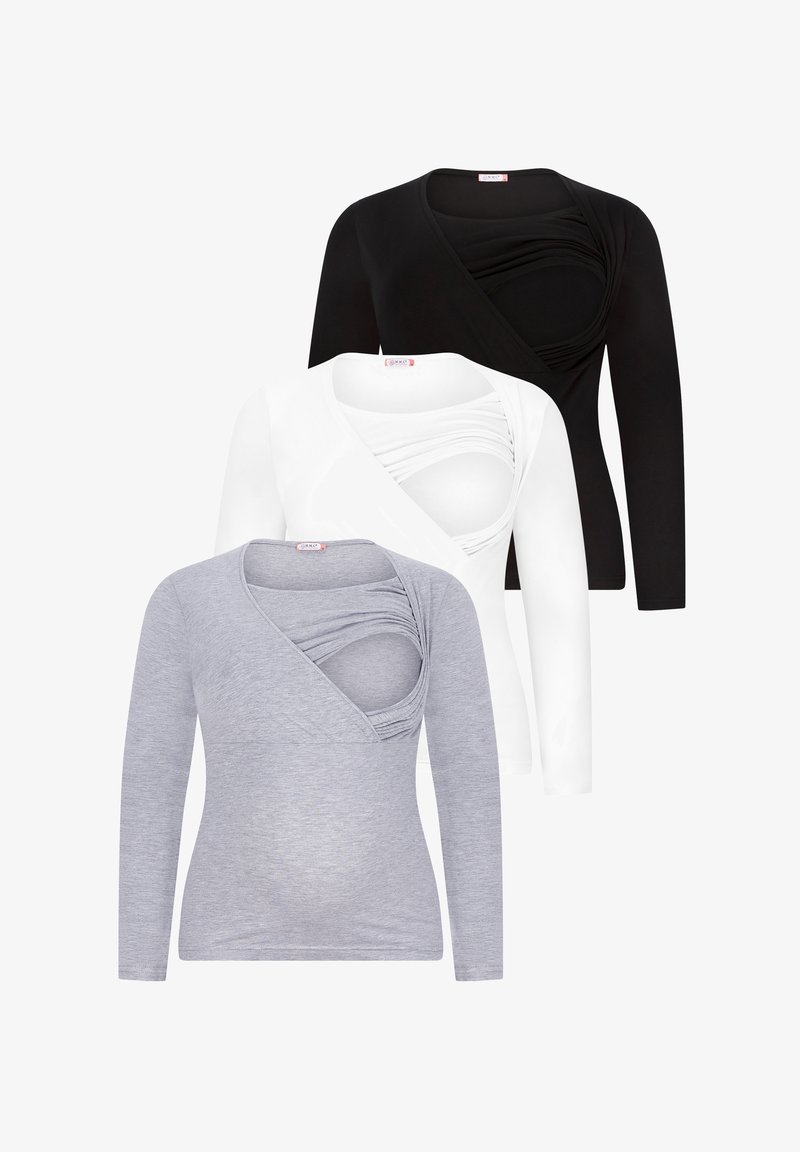 Three long-sleeve tops in black, white, and gray, featuring a wrap design and ruched detail at the chest. Soft, stretchable fabric.