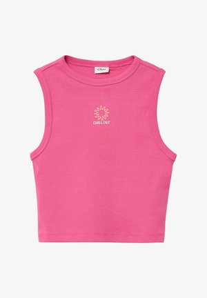 Ärmelloses pinkes Crop-Top aus Rippstoff mit der Aufschrift "CHILL OUT" in Weiß und Gelb, Rundhalsausschnitt und figurbetonter Passform.