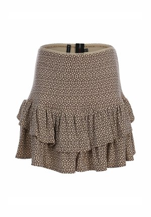Beige rok met donker geometrisch patroon, hoge taille en gelaagde ruches rond de heupen en zoom.