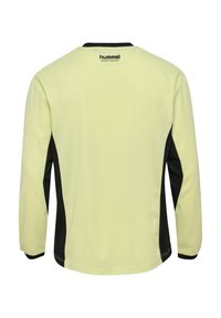 Langærmet sportstri-shirt i lys neongul med sorte sidepaneler. Har en ribbet tekstur og en standard rund halsudskæring for komfort.