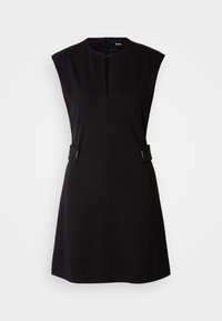 Black sleeveless dress with a round neckline, front slit, and side accents. Made from smooth fabric with a fitted design and knee-length hem.