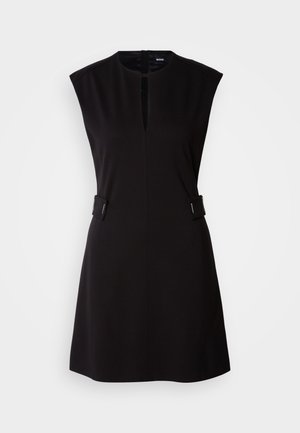 Black sleeveless dress with a round neckline, front slit, and side accents. Made from smooth fabric with a fitted design and knee-length hem.