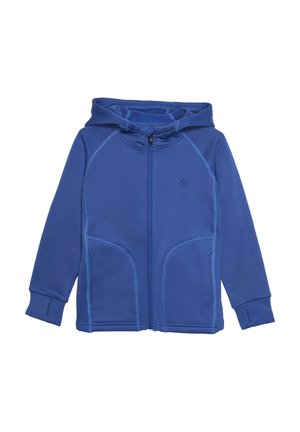 Felpa blu in morbido tessuto con zip frontale, cappuccio regolabile con cordino e cuciture blu a contrasto. Presenta due tasche laterali.