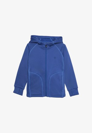Haut à capuche bleu en tissu doux avec une fermeture éclair à l'avant, capuche à cordon de serrage ajustable et coutures bleues contrastantes. Il dispose de deux poches latérales.
