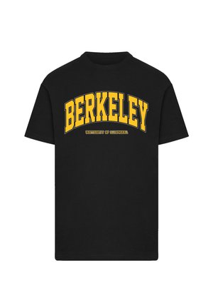 Schwarzes Baumwoll-T-Shirt mit auffälligem gelbem "BERKELEY"-Text und "UNIVERSITY OF CALIFORNIA" in kleinerer Schrift darunter, runder Ausschnitt, kurze Ärmel.