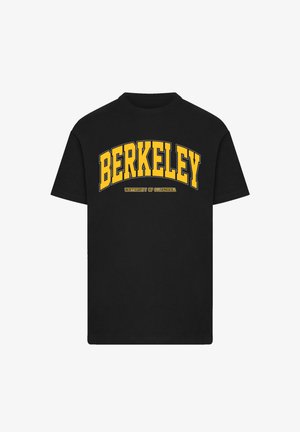 Black cotton t-shirt featuring bold yellow "BERKELEY" text and "UNIVERSITY OF CALIFORNIA" in smaller print below, round neckline, short sleeves.