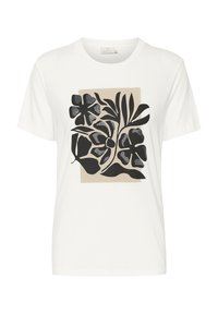 Camiseta de algodón blanca con un diseño floral negro sobre un fondo beige. Cuello redondo, mangas cortas, corte clásico.