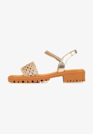 Sandaal met open teen, brede geweven metallic gouden band, metallic enkelband en een stevige beige rubberen zool met lage blokhak.