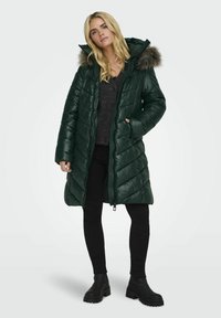 Long manteau rembourré vert avec fermeture éclair, motif en chevron, capuche bordée de fourrure et poches latérales, porté sur un pantalon noir et des bottes.