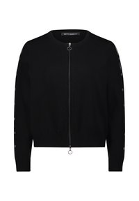 Cardigan zippé noir en tissu tricot doux, avec des poignets et un ourlet côtelés, des accents en métal et une texture lisse.