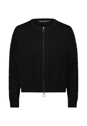 Cardigan nero con zip realizzato in morbido tessuto a maglia, con polsini e orlo a costine, decorato con dettagli in metallo e una texture liscia.