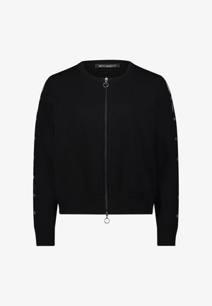 Czarny kardigan na zamek z miękkiej dzianiny, z prążkowanymi mankietami i dołem, metalowymi akcentami oraz gładką fakturą.