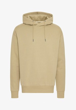 Khaki hooded sweatshirt, cotton blend, ribbed cuffs and hem, adjustable drawstrings, smooth texture, relaxed fit, no visible patterns.