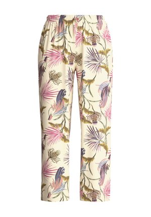 Lichtgewicht, roomkleurige broek met een bloemenprint in roze, paars en groen. Voorzien van een elastische tailleband en een ontspannen pasvorm.